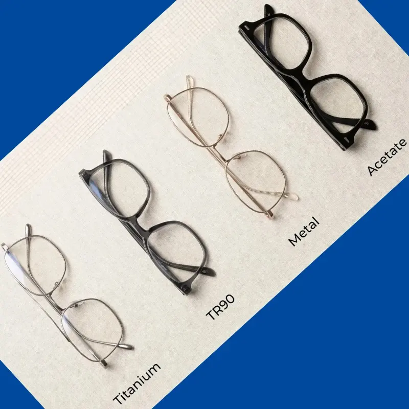 Eyewear frame material comparison — acetate, TR90, and metal sunglasses frames showing quality differences in finish and construction