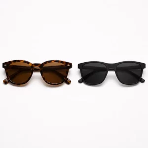 acetate vs plastic sunglasses brand decision — tortoiseshell acetate premium frame beside matte black TR90 injection frame comparison