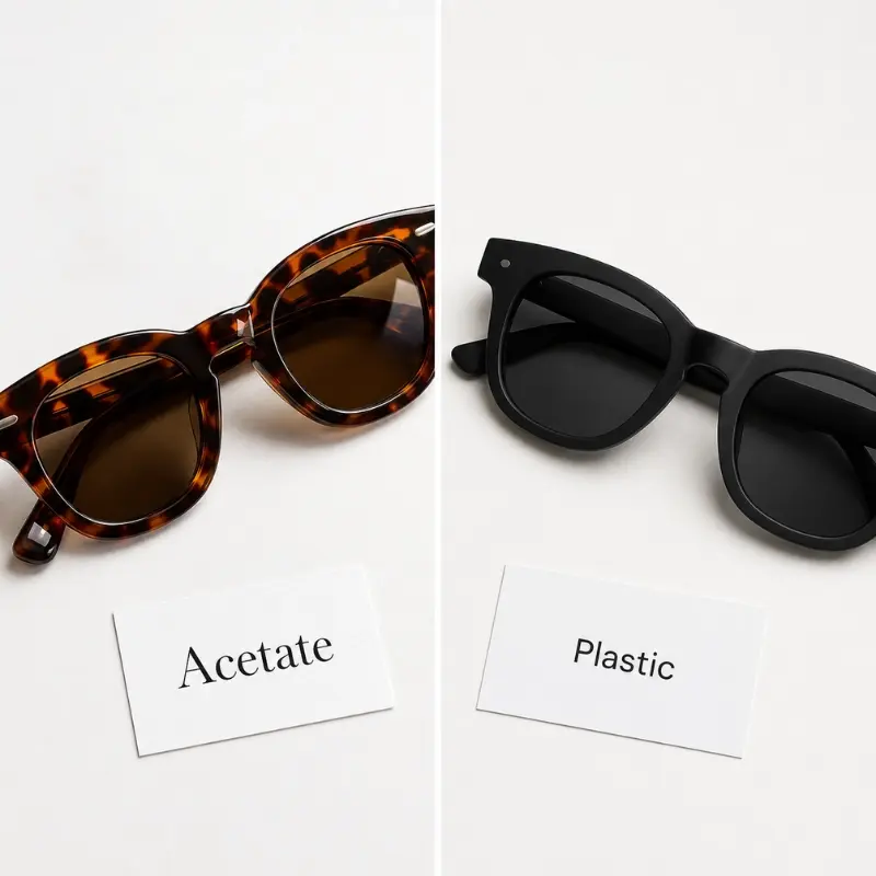 acetate vs plastic sunglasses comparison — tortoiseshell acetate with deep polished surface versus flat black injection plastic side by side