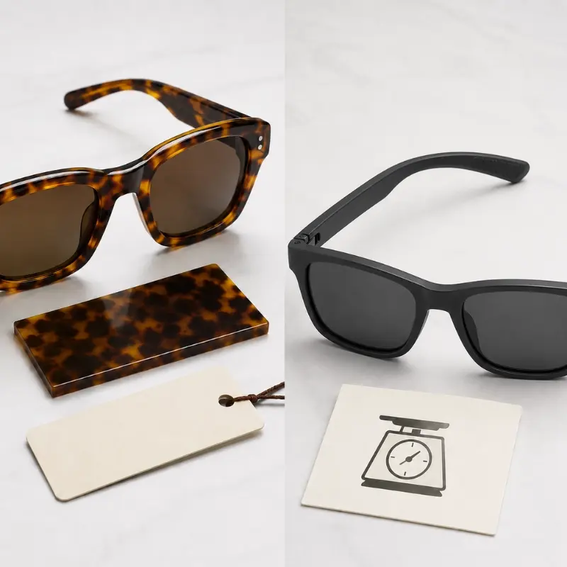 eyewear material as brand signal — acetate tortoiseshell with premium hang tag versus TR90 orange frame with sport positioning card