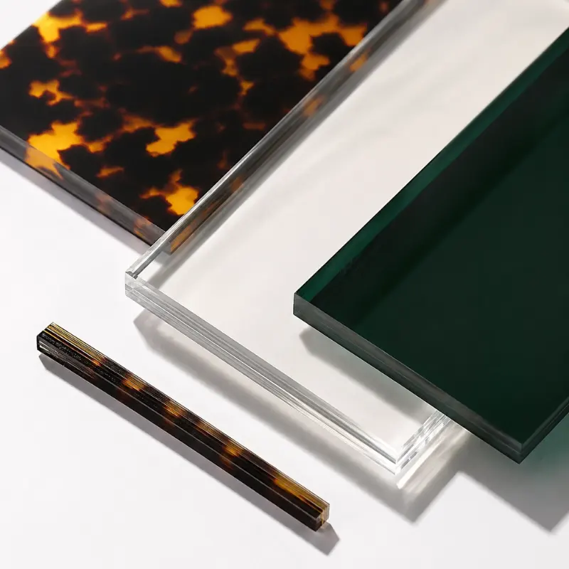 cellulose acetate sheets for eyewear — tortoiseshell, clear crystal and solid color acetate sheet samples showing layered internal structure