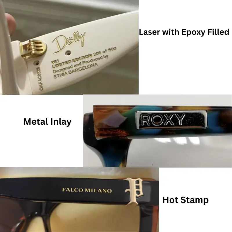 custom logo eyewear branding methods — laser engraving hot stamp and metal inlay comparison on temple bars