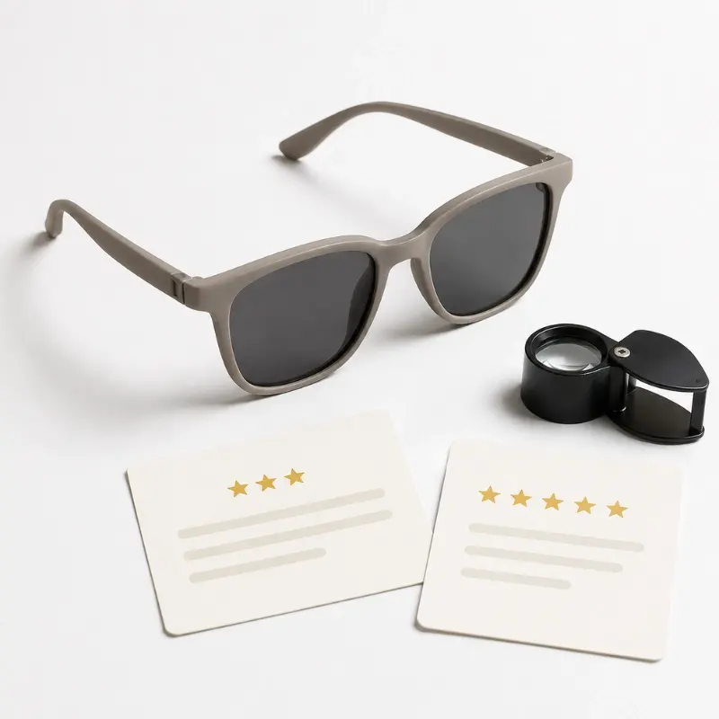eyewear customer review language material quality — TR90 sunglasses frame beside review cards showing rating difference between material satisfaction levels
