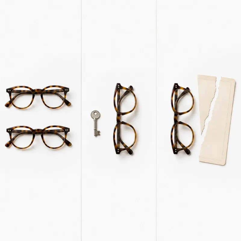 eyewear IP risk types — unauthorized design copying, mold ownership loss and client circumvention shown in three-zone flat lay