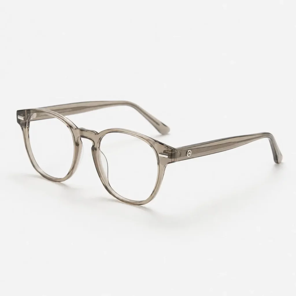 eyewear logo placement guide — acetate frame showing standard right temple outer surface logo position