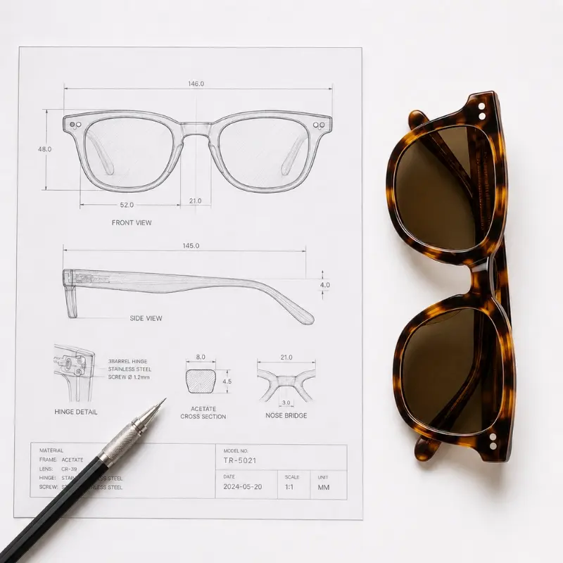 eyewear manufacturer capability check — technical design drawing next to finished acetate sunglasses