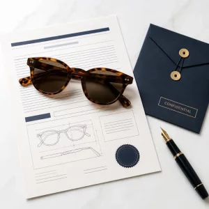 eyewear manufacturer IP protection — acetate sunglasses with signed contract document and sealed confidential envelope flat lay