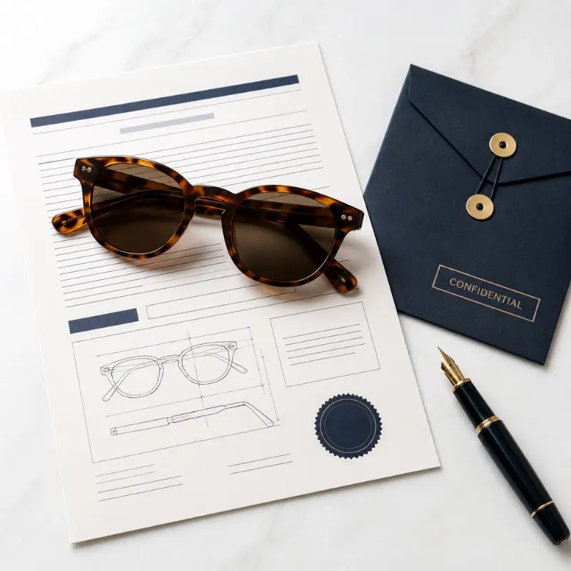 eyewear manufacturer IP protection — acetate sunglasses with signed contract document and sealed confidential envelope flat lay