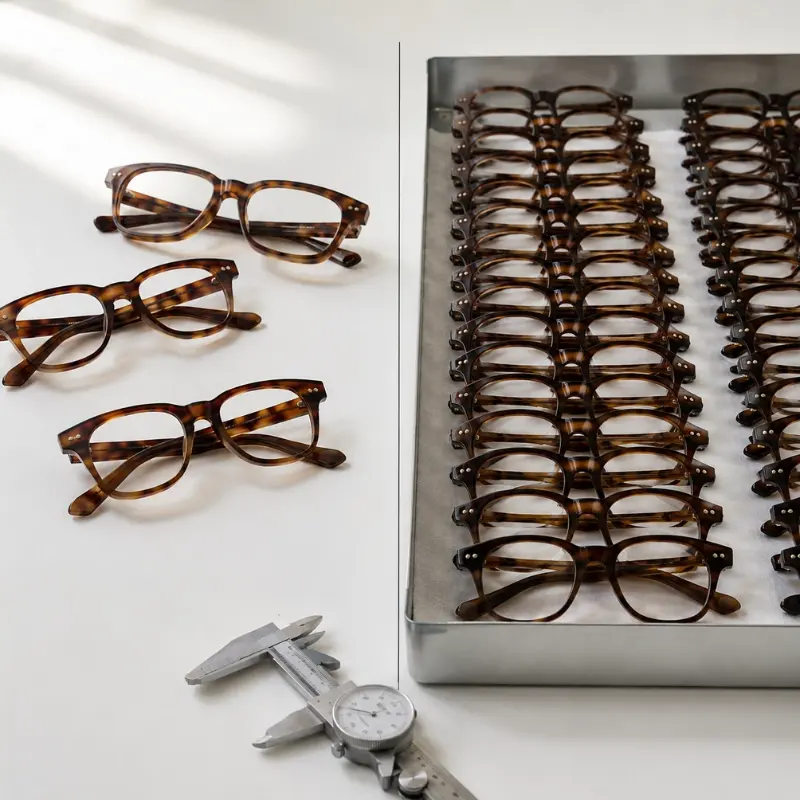 why eyewear manufacturers set MOQ — small batch vs bulk production comparison showing production efficiency