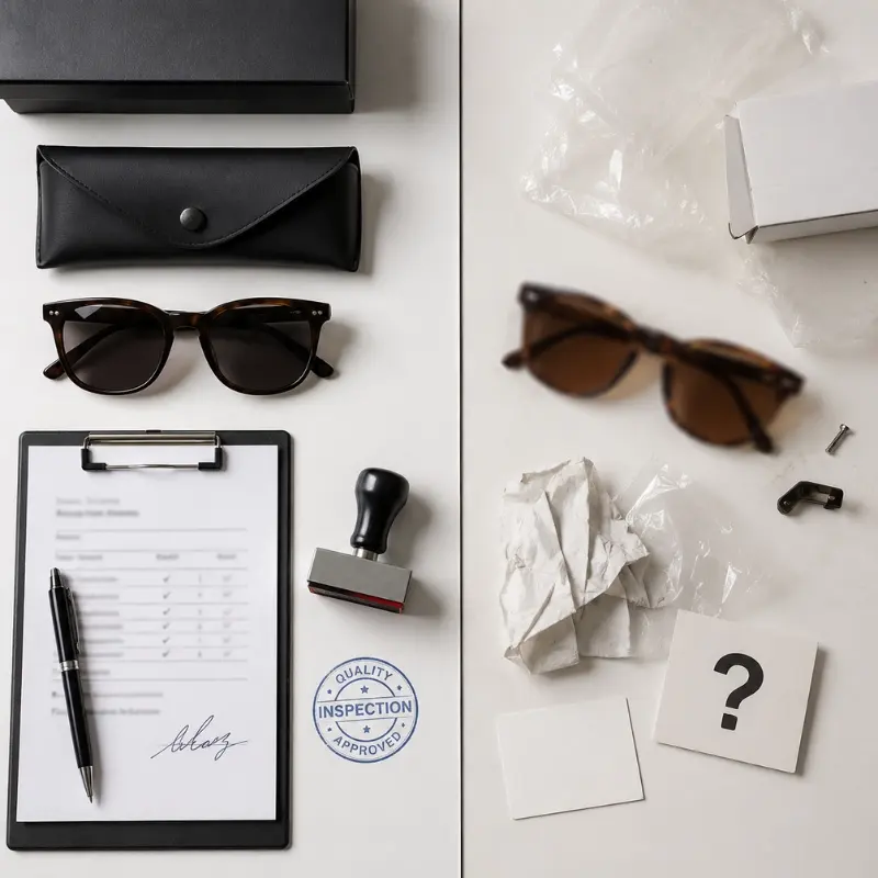 eyewear manufacturer red flags B2B — reliable vs unreliable supplier comparison flat lay