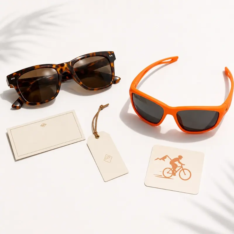 acetate vs TR90 sunglasses comparison — tortoiseshell acetate with layered sheet sample beside flexed matte grey TR90 frame