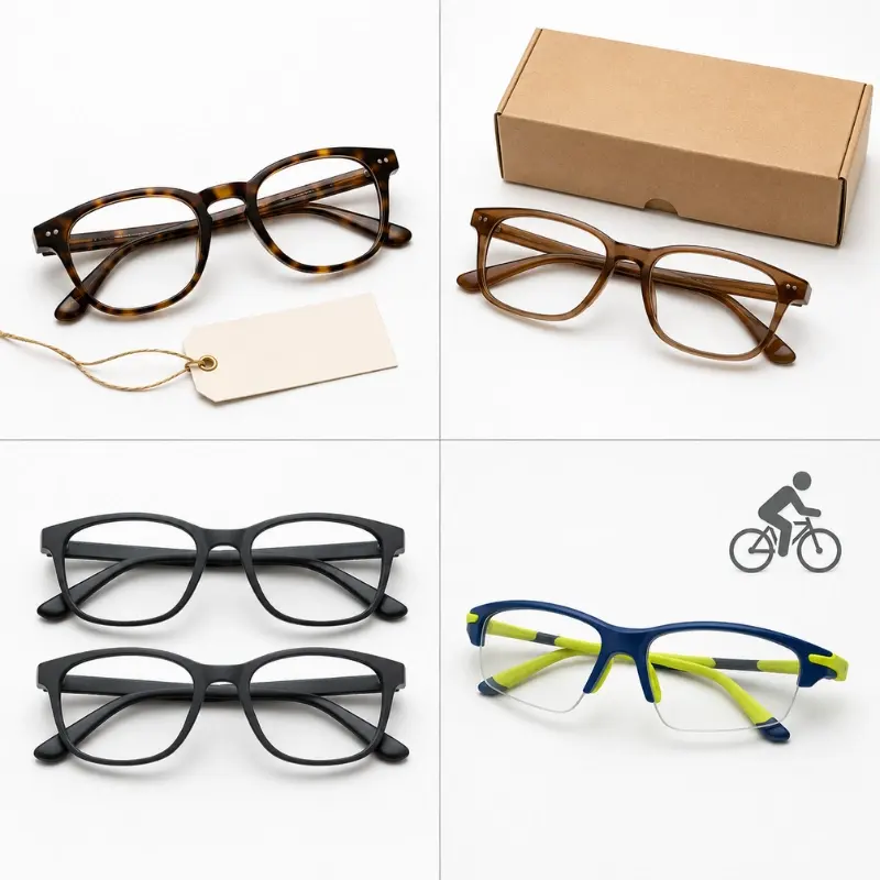eyewear material choice by sales channel — acetate for boutique and ecommerce versus TR90 for wholesale and sports in four-zone comparison