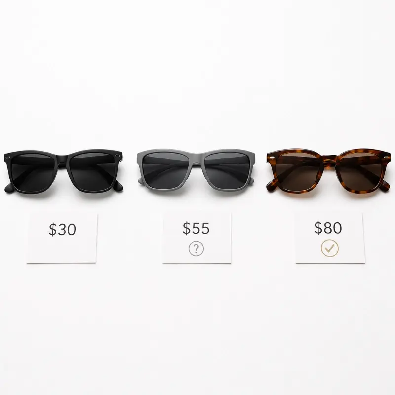 eyewear retail price material mismatch — PC frame at $30 TR90 at $55 with uncertainty versus acetate at $80 showing correct price-material alignment