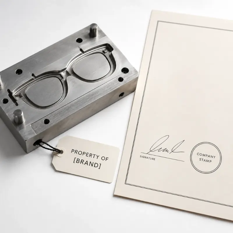 eyewear mold ownership agreement — manufacturing tooling component beside signed production contract and brand ownership label