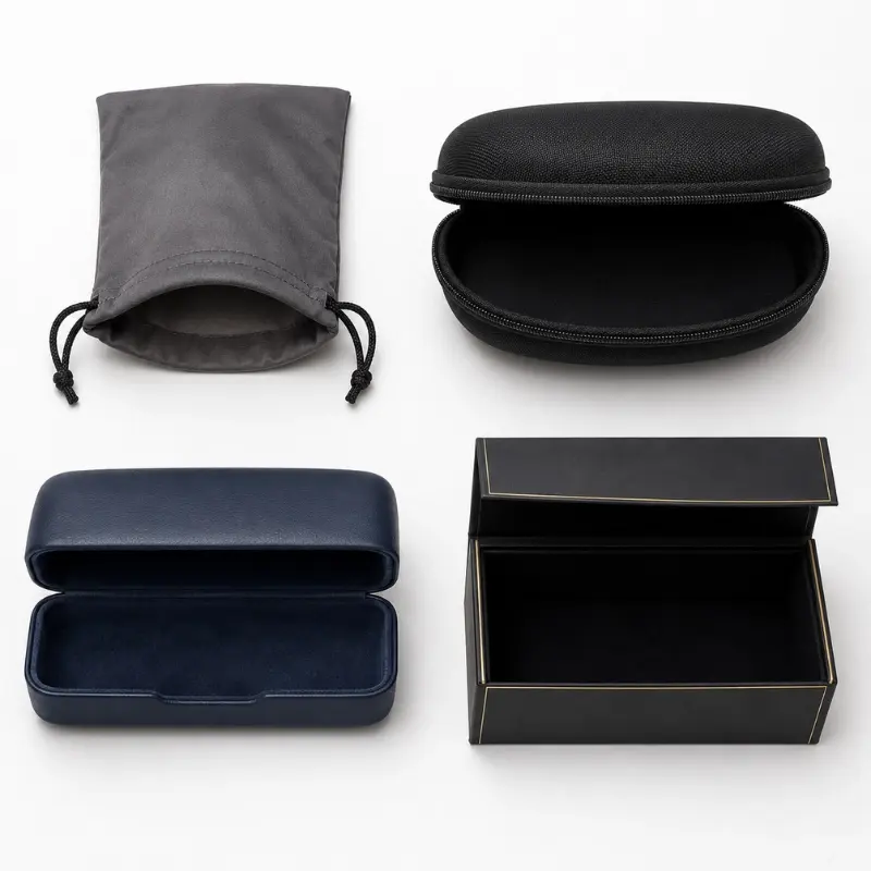 eyewear packaging case types — microfiber pouch, EVA clamshell case, rigid PU leather case and magnetic closure box comparison