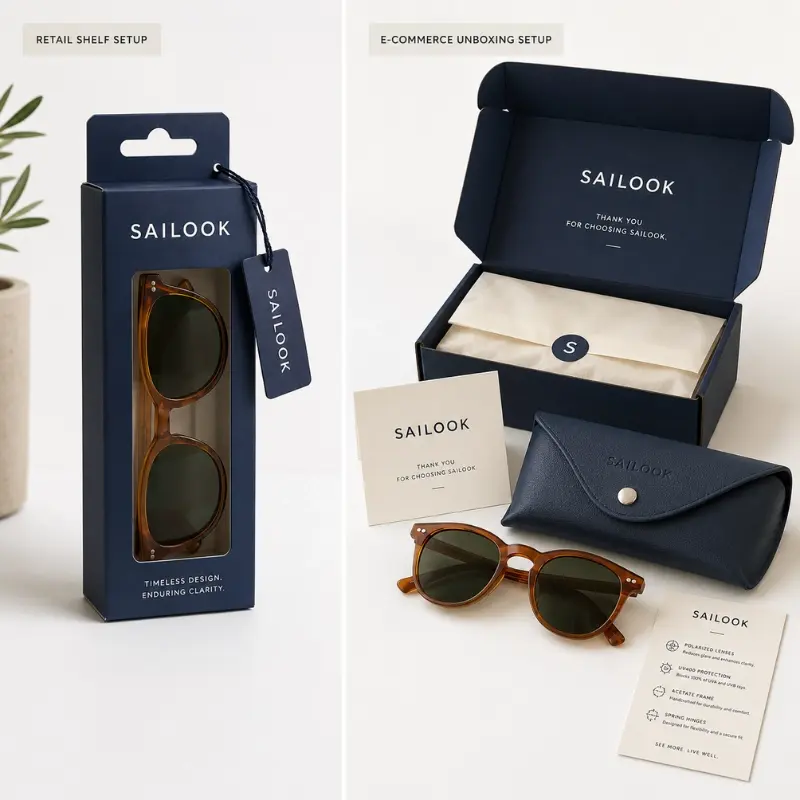 eyewear packaging retail vs ecommerce — shelf-ready box with window display versus unboxing experience with tissue paper and product card