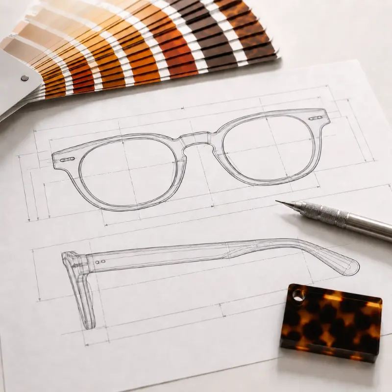 eyewear production design confirmation — technical frame drawing with measurement lines, Pantone color fan and acetate material sample