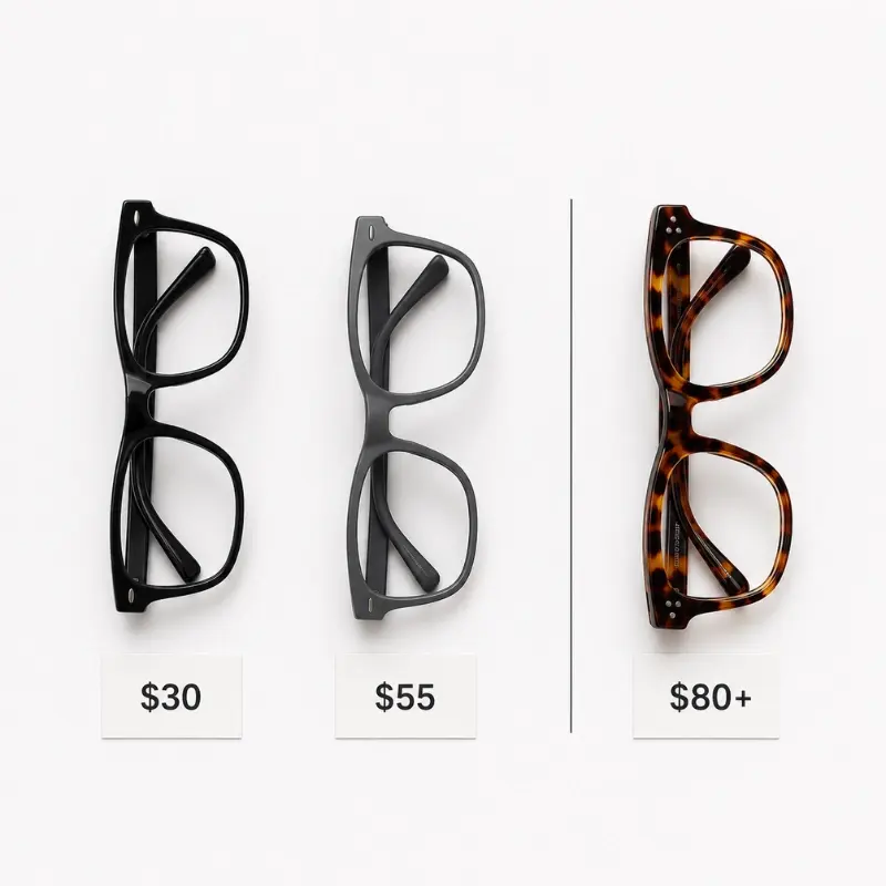eyewear material price threshold transition — PC TR90 and acetate frames in ascending price tiers showing the $50-60 natural transition point to acetate