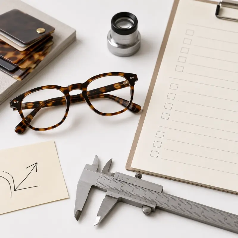eyewear sample review checklist before bulk approval — acetate frame with measurement caliper, printed checklist and revision feedback annotation