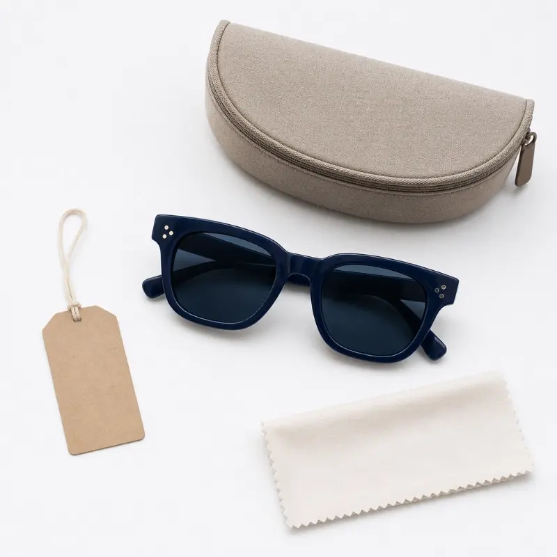 eyewear startup first private label collection — one style one colorway acetate sunglasses with case cleaning cloth and hang tag