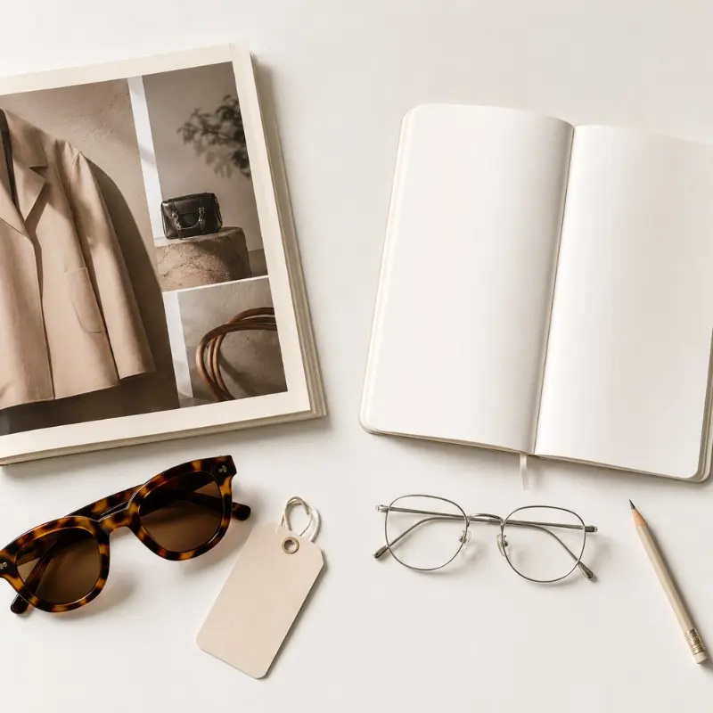 fashion brand adding eyewear line vs eyewear startup — established brand lookbook with acetate sunglasses versus blank notebook with metal frames comparison