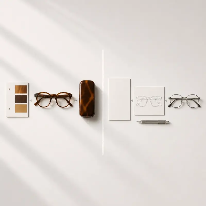 fashion brand eyewear extension path versus eyewear startup brand building path — two parallel journeys from brand assets to finished frames