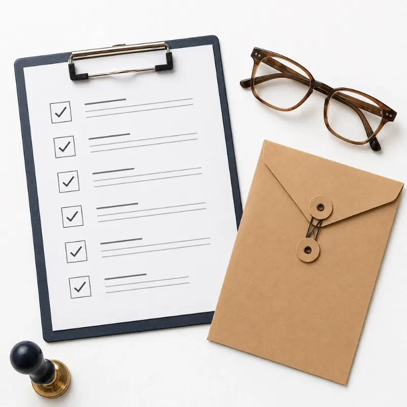 find and evaluate private label eyewear manufacturer B2B — supplier checklist, NDA contract and acetate frames flat lay