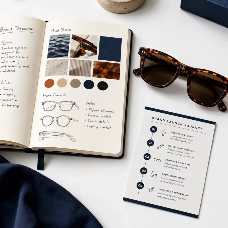 how to start a private label eyewear brand — brand mood board, acetate sunglasses and launch checklist flat lay