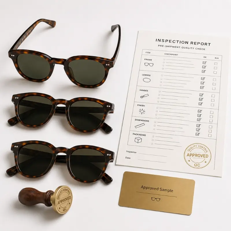 pre-shipment inspection eyewear QC — three acetate sunglasses in a row beside inspection report and approved golden sample reference card