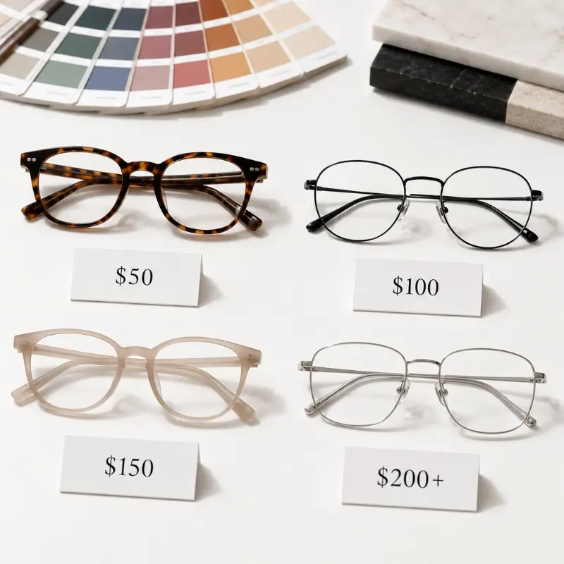 private label eyewear brand positioning — four frame materials at different retail price points with color swatches