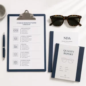 private label eyewear manufacturer B2B checklist — NDA, quality report and acetate sunglasses flat lay