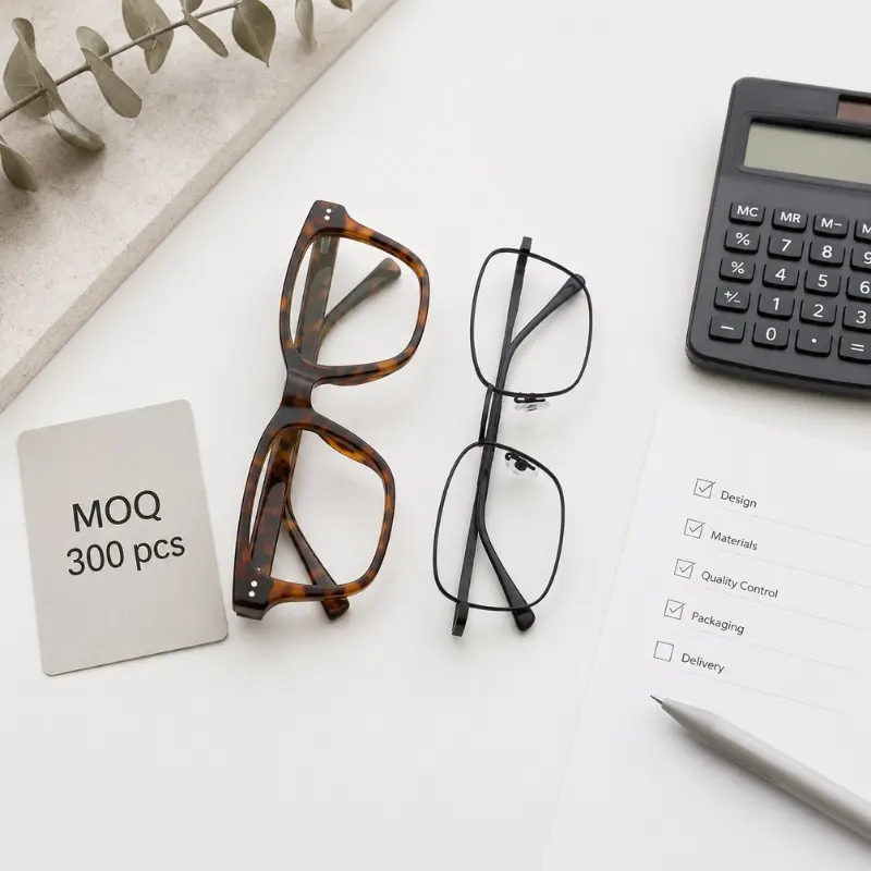private label eyewear MOQ explained — acetate and metal frames with minimum order quantity checklist flat lay