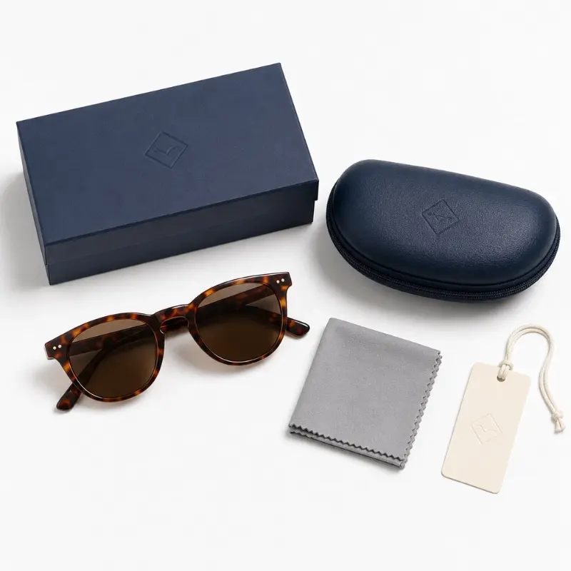 private label eyewear packaging complete set — acetate sunglasses, branded case, cleaning cloth, retail box and hang tag flat lay