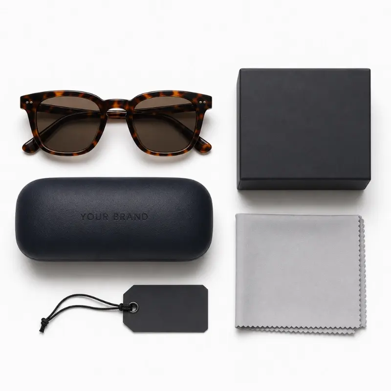 private label eyewear packaging MOQ — frame, hard case, cleaning cloth, retail box and hang tag components laid out separately