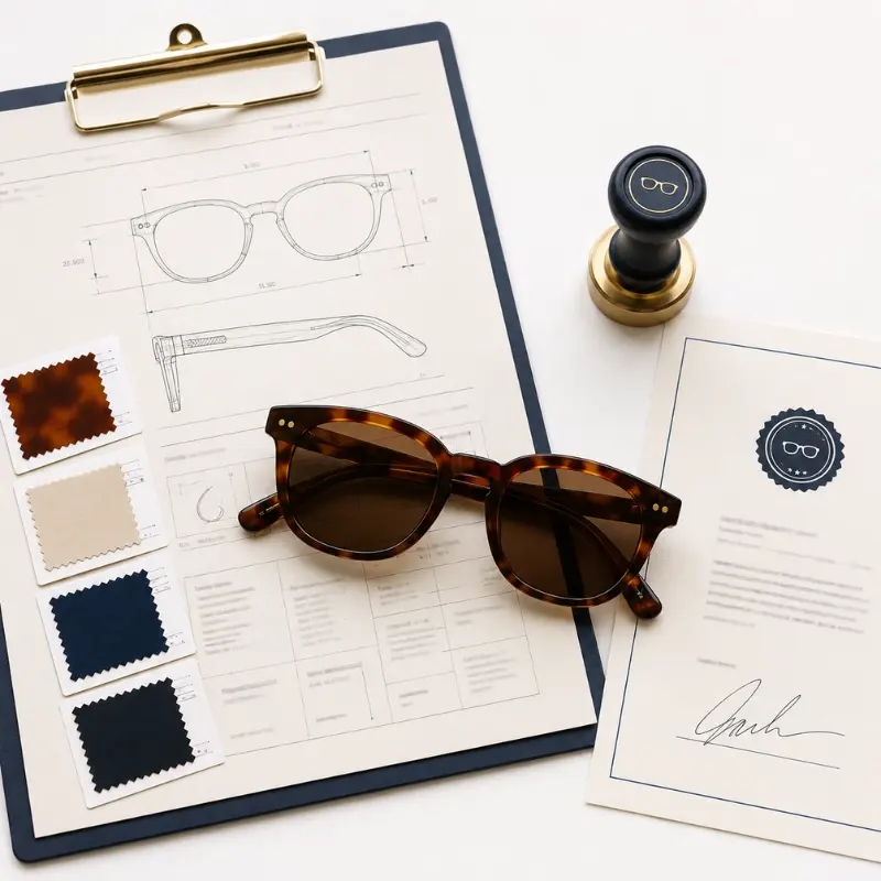 private label eyewear production process — spec sheet with Pantone swatches, acetate sunglasses and approval document flat lay