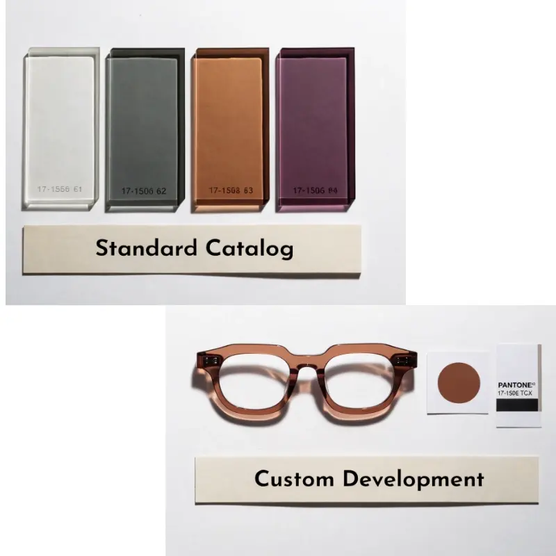 acetate standard catalog color vs custom developed color — sheet samples in catalog selection beside single frame with Pantone reference for custom development