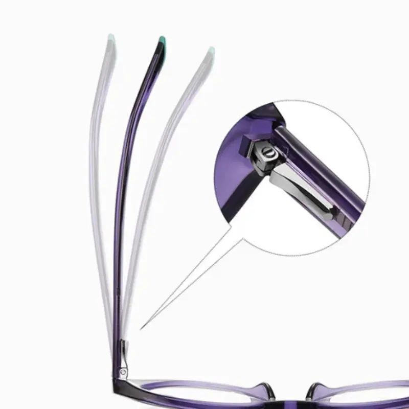 Close-up of a barrel hinge on acetate sunglasses, showing the screw and pivot mechanism connecting temple to frame