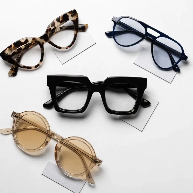 acetate sunglasses frame shape collection strategy — four shapes including square anchor cat eye signature round and aviator extension in coordinated colorways