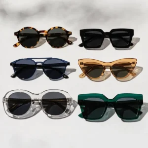 acetate sunglasses frame shapes B2B guide — six shapes including round square cat eye aviator oversized and geometric in varied colorways flat lay