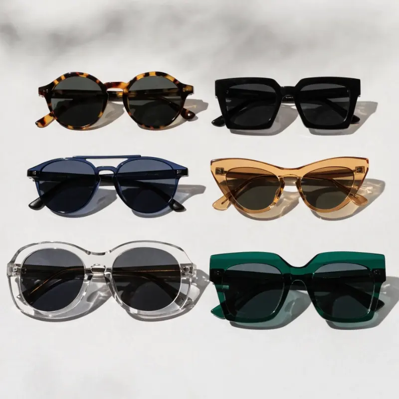 acetate sunglasses frame shapes B2B guide — six shapes including round square cat eye aviator oversized and geometric in varied colorways flat lay
