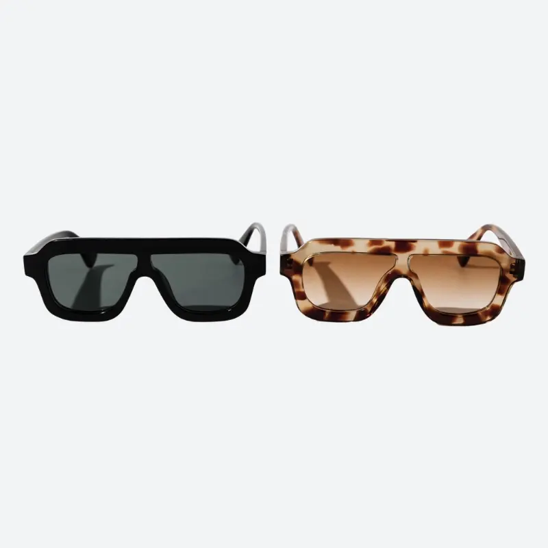 aviator acetate sunglasses frame shape — tortoiseshell and matte black acetate aviators showing teardrop lens shape and thick acetate temple quality