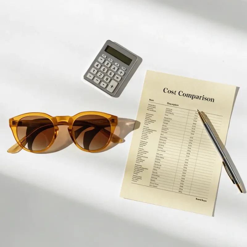 bio acetate sunglasses cost premium brand economics — amber bio-acetate frame beside cost comparison document and calculator suggesting commercial feasibility evaluation