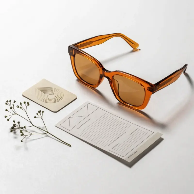 bio acetate vs standard acetate sunglasses comparison — identical color sheet samples side by side showing same visual quality with plant element indicating bio content