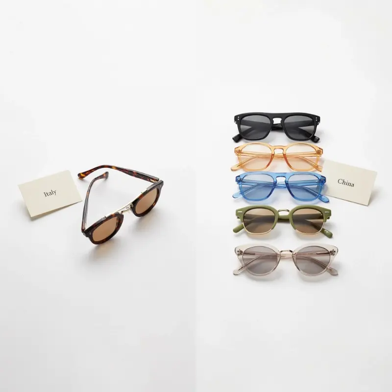 China vs Italy eyewear manufacturer comparison — handcrafted Italian acetate sunglasses beside varied Chinese production frames