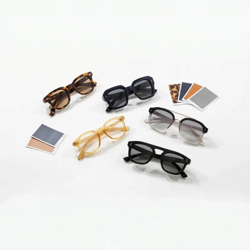 custom color acetate sunglasses — five colorways including tortoiseshell gradient transparent and solid beside acetate sheet color samples