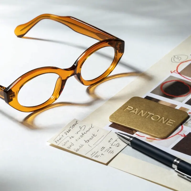 eyewear color brief for acetate sunglasses — tortoiseshell frame beside Pantone color chip annotated reference sheet and written color specification