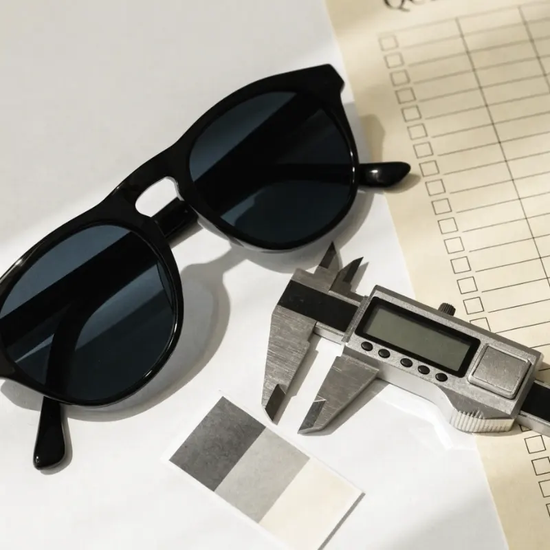 eyewear golden sample approval checklist — acetate frame placed face-down for symmetry check beside caliper QC checklist and color swatch