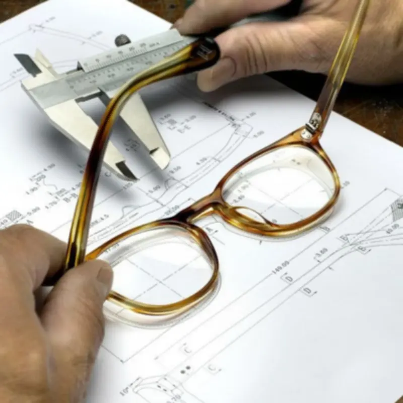Eyewear sample inspection checklist showing frame dimensions, hinge action, lens fit, logo placement, and finish quality