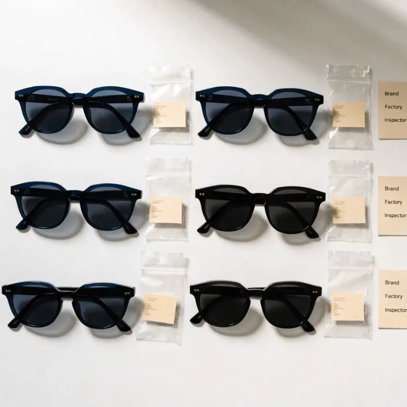 golden sample eyewear three copies — three signed sealed acetate frame samples labeled for brand factory and inspector showing proper storage system