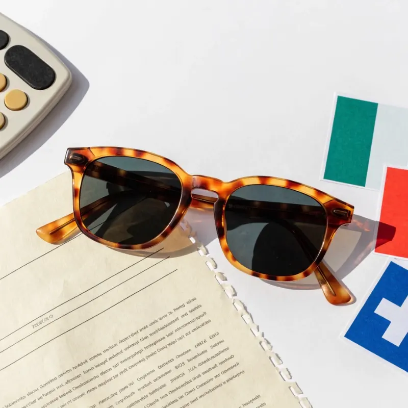 import custom sunglasses from China — tortoiseshell acetate frame beside shipping document calculator and destination market cards